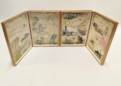 kunstreiche Reisealtar | 34x51x5 cm Holzboxen mit Deckel auf MDF Platte, Enkaustik, Metallpigment