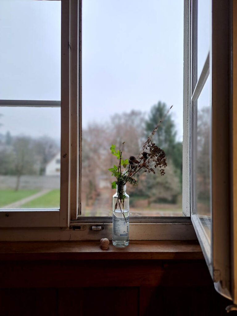 Geöffnetes Fenster mit Blick in den Garten des Klosters Dornach; auf der Fensterbank steht eine Glasflasche mit Pflanzen, daneben liegt ein Schneckenhaus