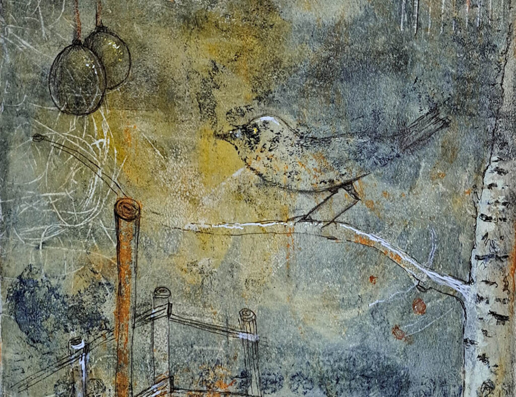 Monotypie mit Vogel auf einem Birkenast der Künstlerin Dagmar Reiche