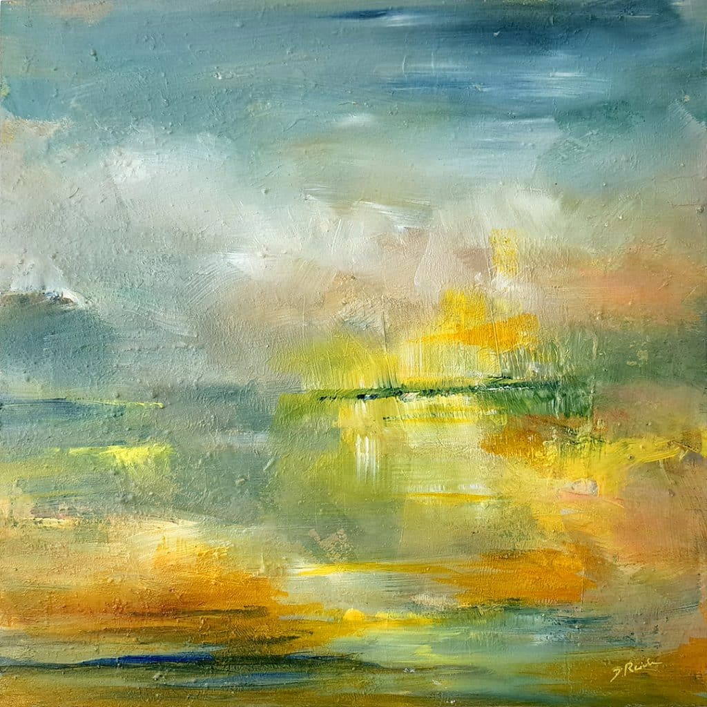 Acrylbild mit abstrakter Landschaft; Wirkt wie die ersten Sonnenstrahlen morgens am Wasser