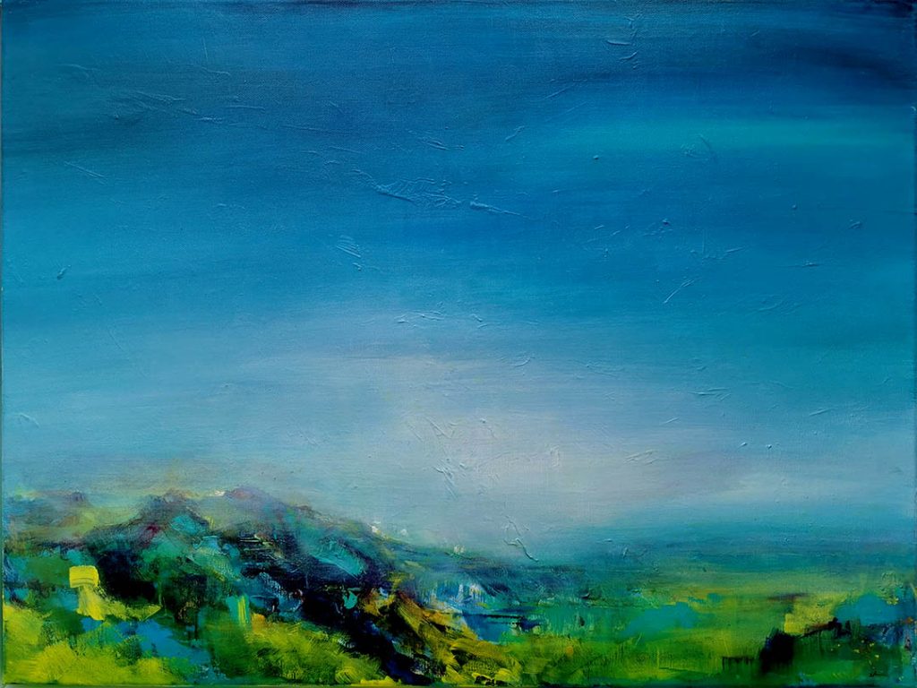 Acrylbild in Blau- und Grüntönen, das die Assoziation von Himmel, Bergen und Bodensee im Hintergund weckt