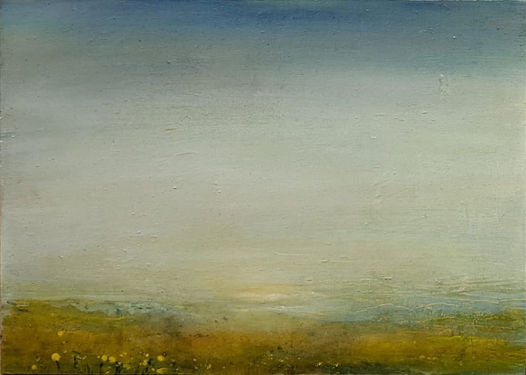 Stille in der Kunst: Im Frühling erfüllt den Himmel ein Leuchten. Gemälde von Dagmar Reiche (Acryl auf Holz)